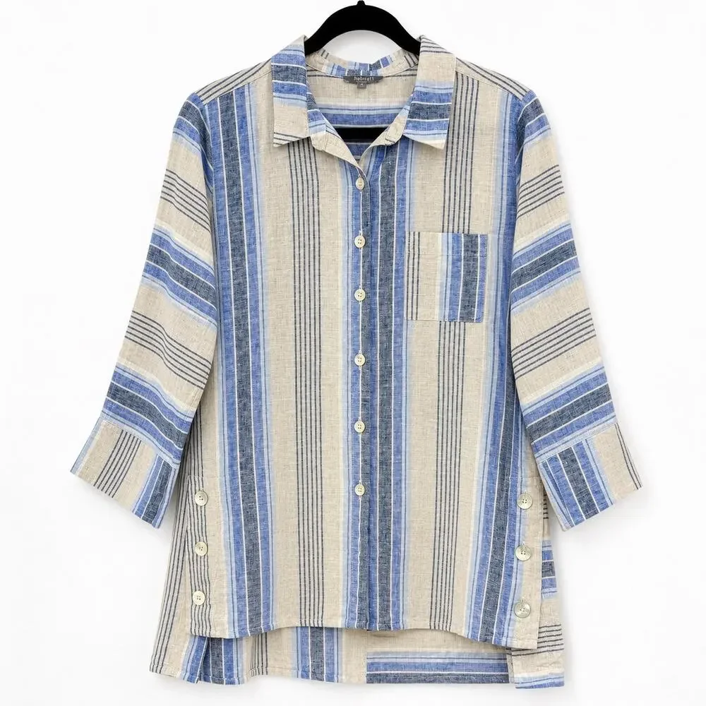 Habitat Clothes Linen Button Up Tunic Medium Blue Striped High Low Lagenlook